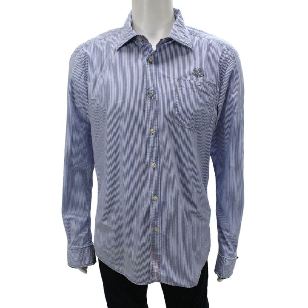 Scotch Mens Dress Shirt Blue Striped 100% Cotton Point Collar Button-Up Size XL